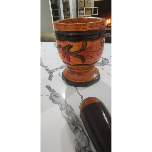 Vintage Wood Hand Turned Carved Floral Three‎ Tone Mortar and Pestle LARGE - Picture 6 of 9